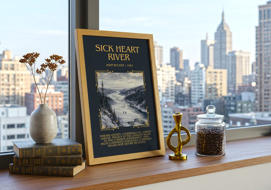 Sick Heart River Minimalist Book Poster by John Buchan – framed print on a city-view windowsill