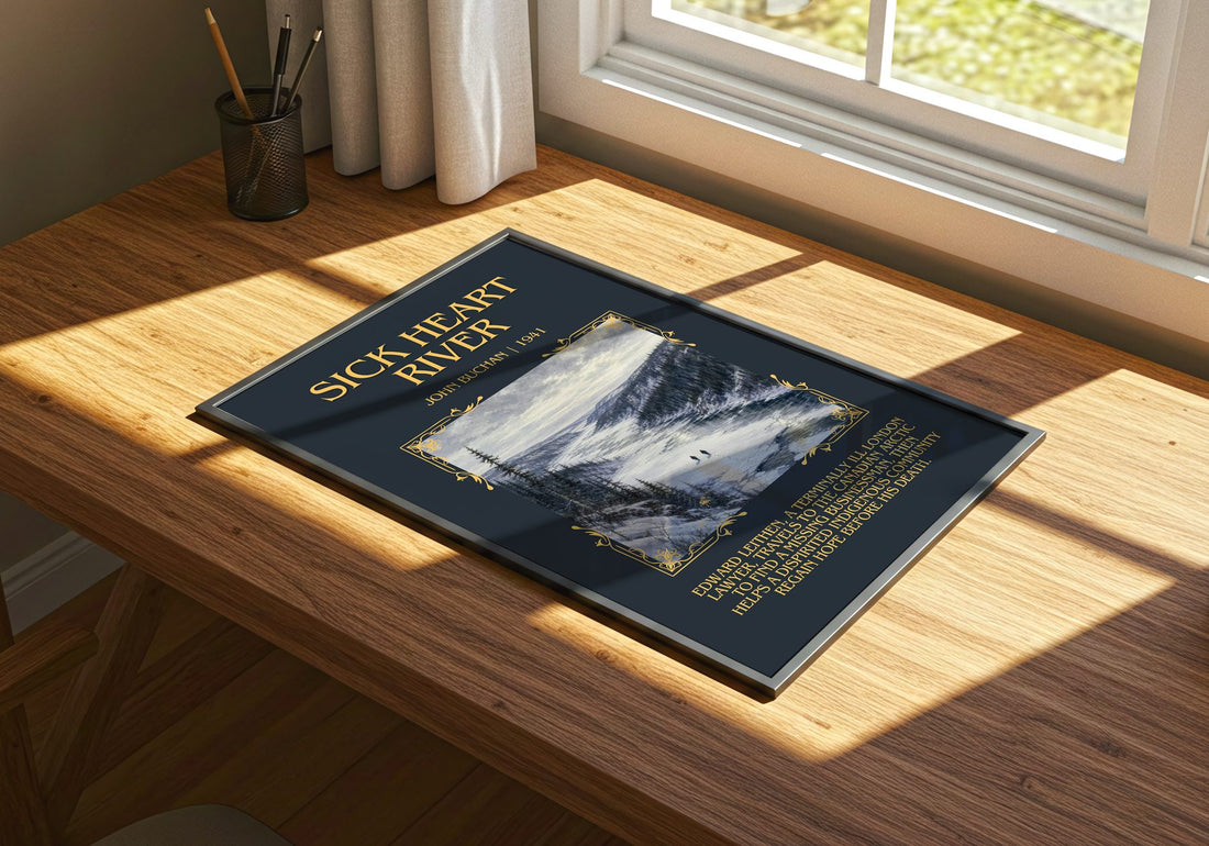 Sick Heart River Minimalist Book Poster by John Buchan – print on a sunlit desk