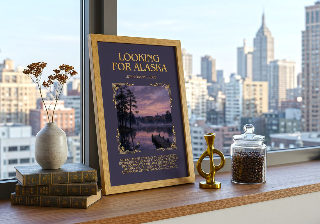 Looking For Alaska Minimalist Book Poster by John Green – framed print on a city-view windowsill