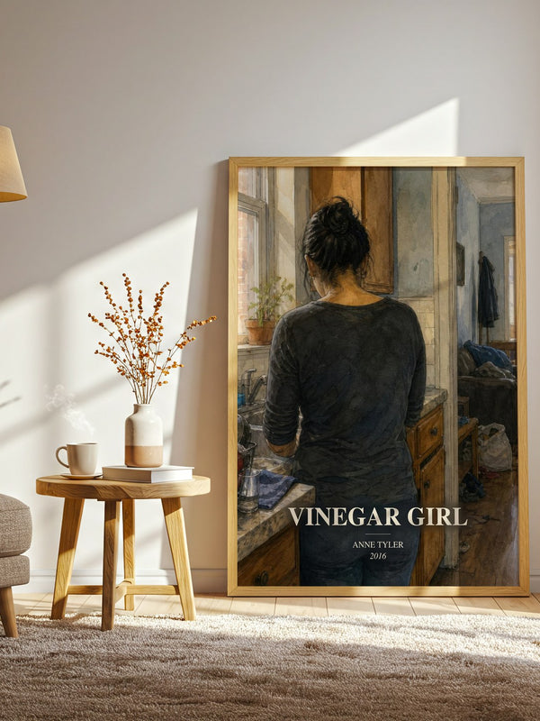 Vinegar Girl watercolour print in frame leaning in hallway – contemporary fiction wall art