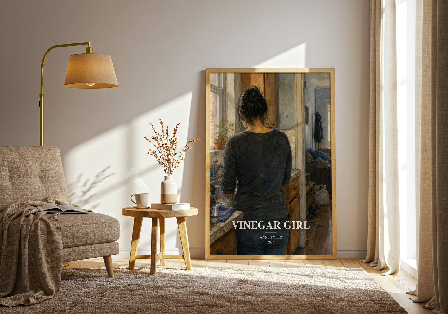 Vinegar Girl watercolour print in frame leaning in hallway – contemporary fiction wall art