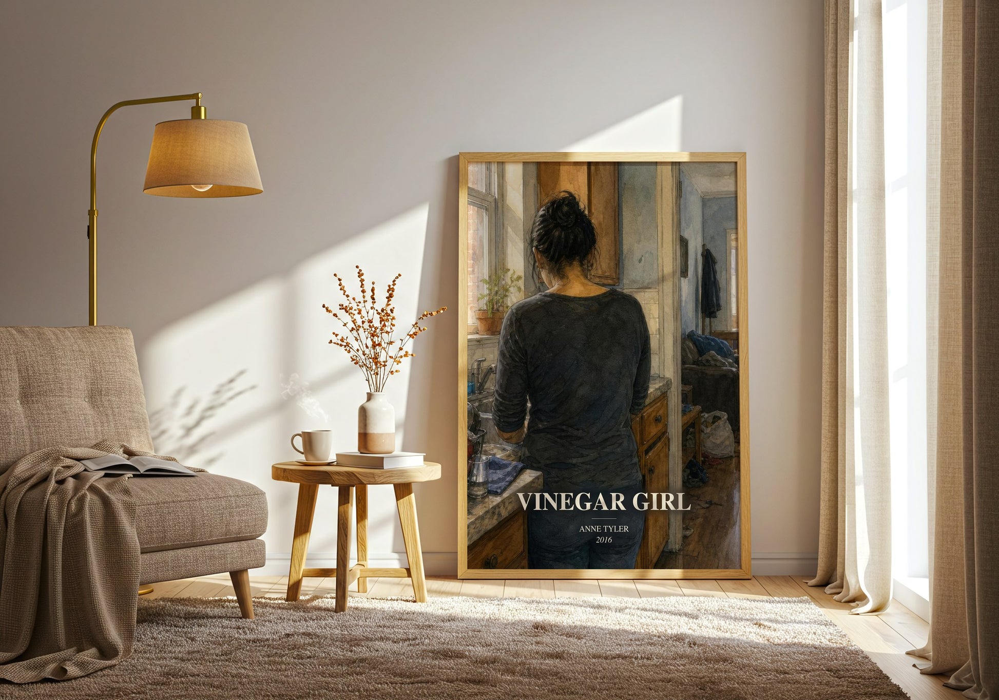Vinegar Girl watercolour print in frame leaning in hallway – contemporary fiction wall art