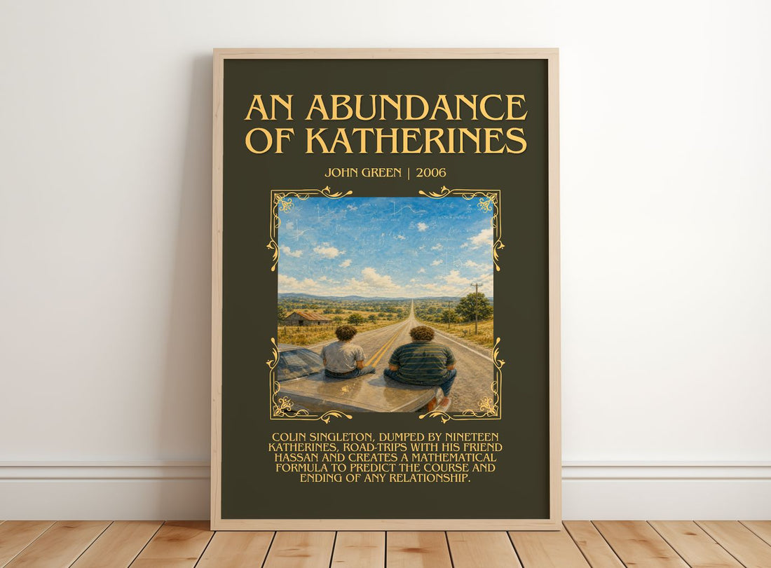 An Abundance Of Katherines Minimalist Book Poster by John Green – framed print leaning on a wooden floor