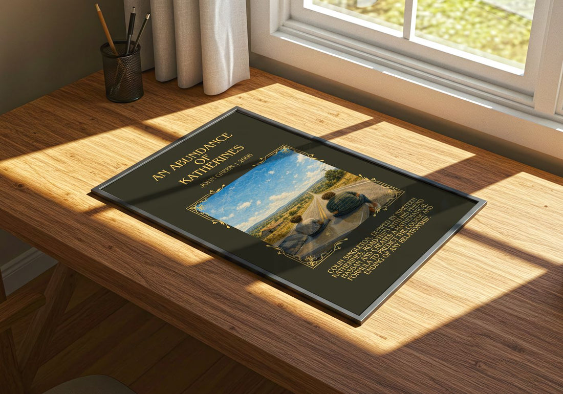 An Abundance Of Katherines Minimalist Book Poster by John Green – print on a sunlit desk