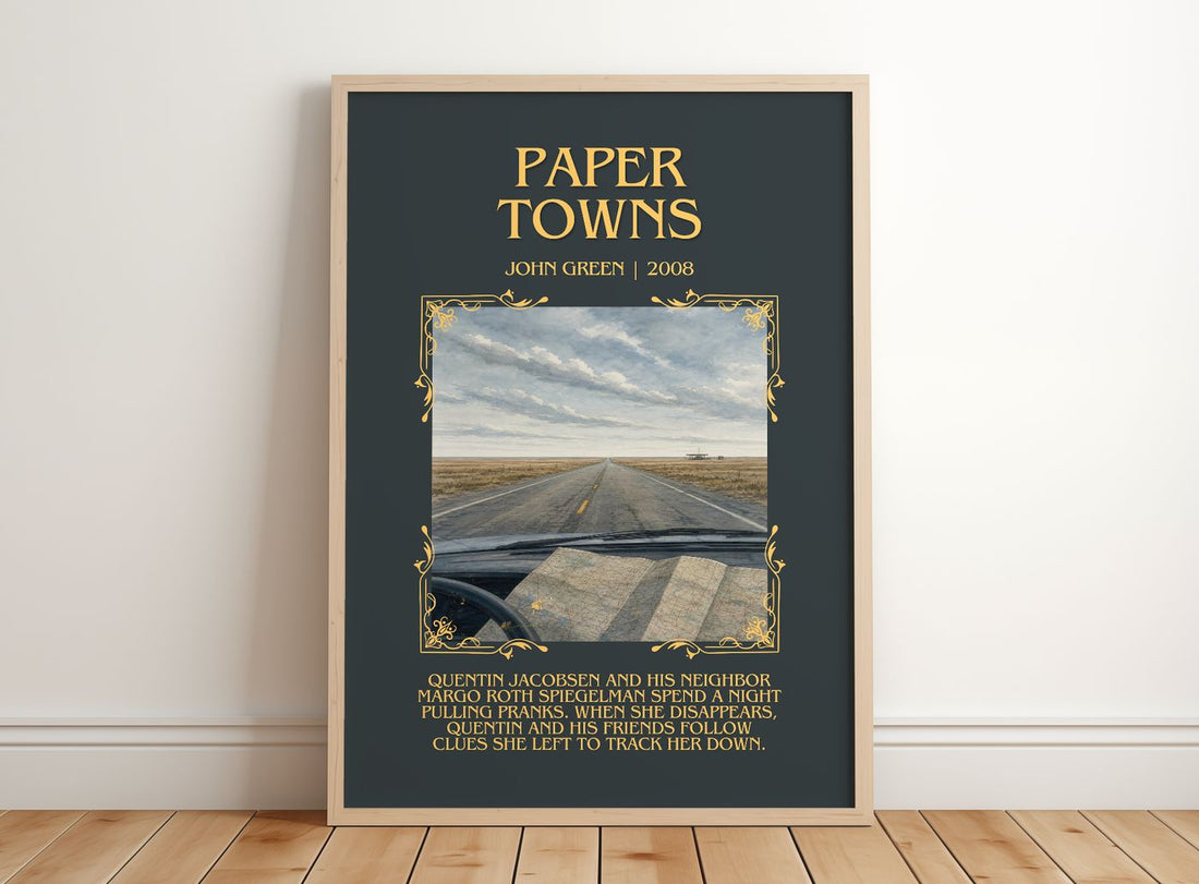 Paper Towns Minimalist Book Poster by John Green – framed print leaning on a wooden floor