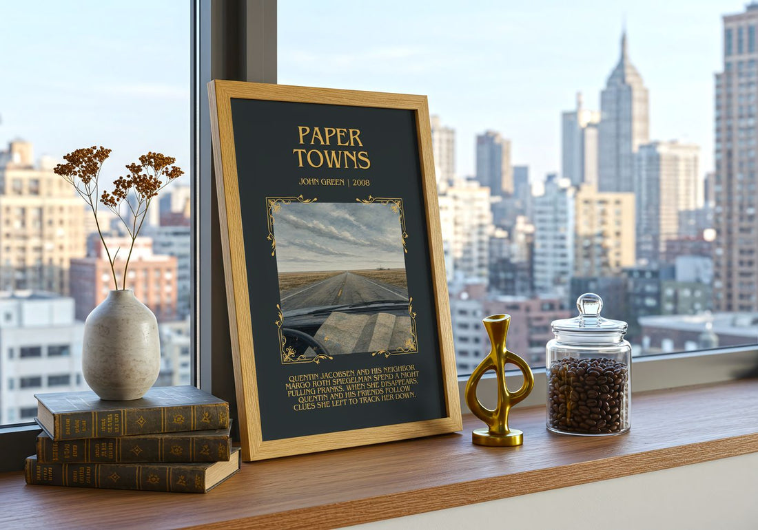 Paper Towns Minimalist Book Poster by John Green – framed print on a city-view windowsill