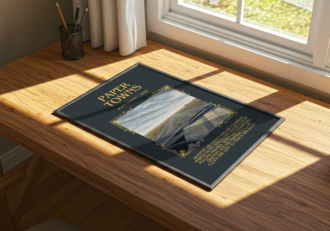 Paper Towns Minimalist Book Poster by John Green – print on a sunlit desk