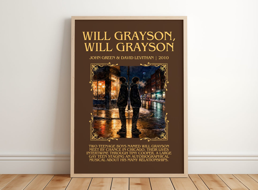 Will Grayson, Will Grayson Minimalist Book Poster by J. Levithan – framed print leaning on a wooden floor