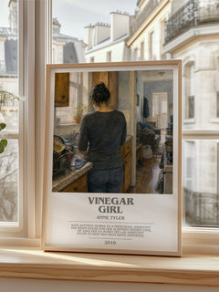 Vinegar Girl bookish print in frame leaning in hallway – contemporary fiction wall art