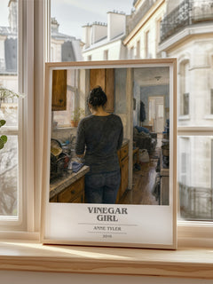 Vinegar Girl book cover print in frame leaning in hallway – contemporary fiction wall art