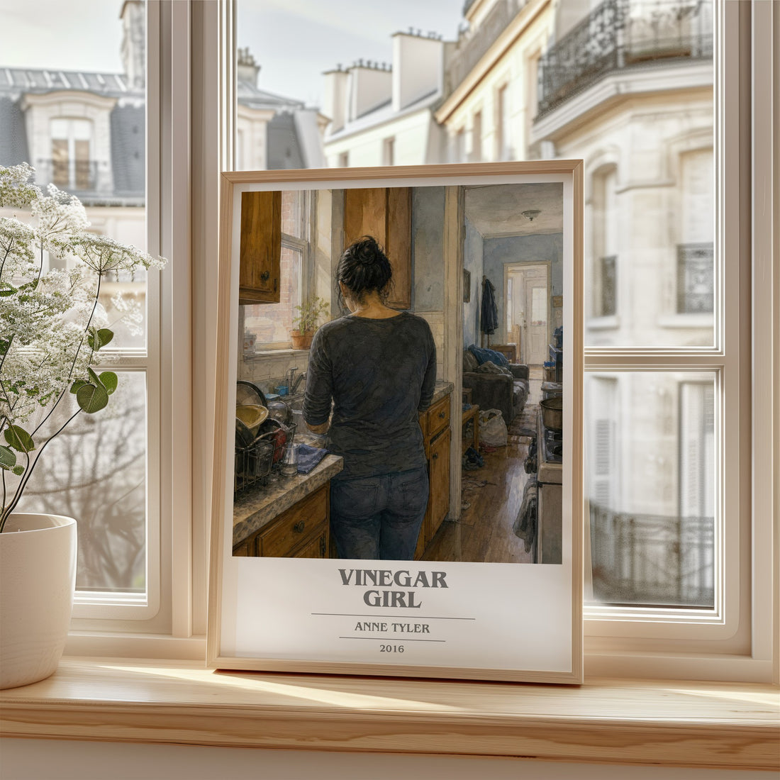 Vinegar Girl book cover print in frame leaning in hallway – contemporary fiction wall art