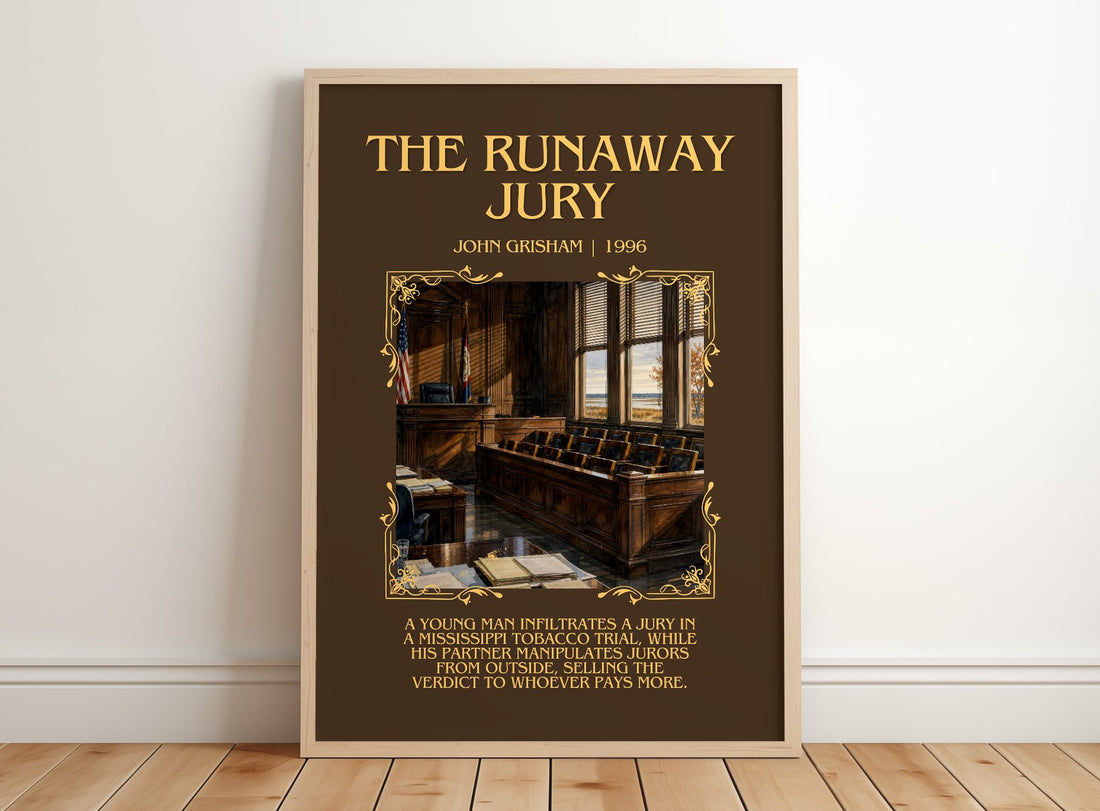 The Runaway Jury Minimalist Book Poster by John Grisham – framed print leaning on a wooden floor