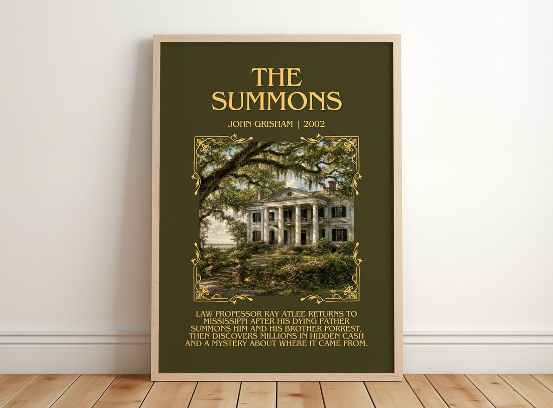 The Summons Minimalist Book Poster by John Grisham – framed print leaning on a wooden floor