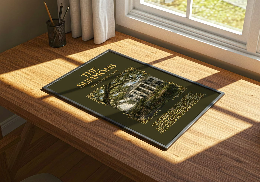 The Summons Minimalist Book Poster by John Grisham – print on a sunlit desk