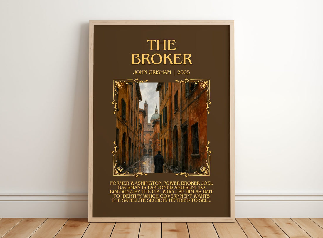 The Broker Minimalist Book Poster by John Grisham – framed print leaning on a wooden floor