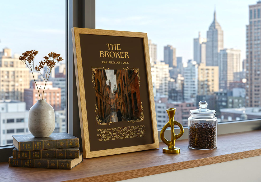 The Broker Minimalist Book Poster by John Grisham – framed print on a city-view windowsill