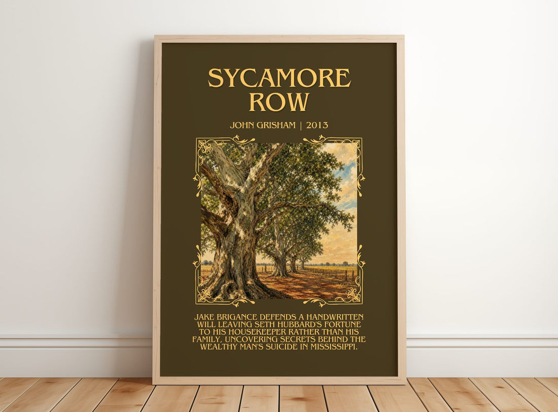 Sycamore Row Minimalist Book Poster by John Grisham – framed print leaning on a wooden floor