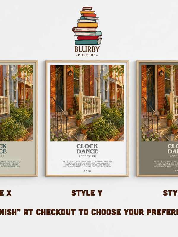 Clock Dance bookish print in frame leaning in hallway – contemporary fiction wall art