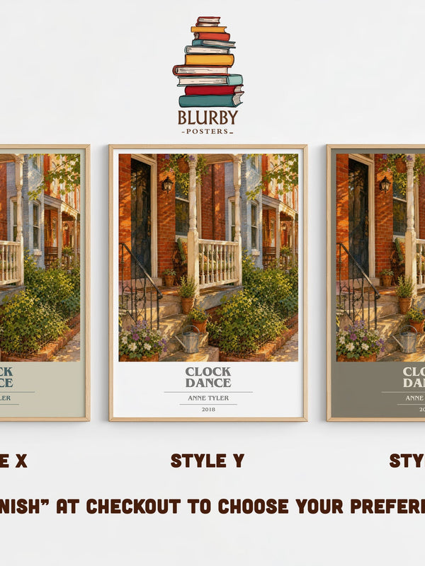 Clock Dance book cover print in frame leaning in hallway – contemporary fiction wall art