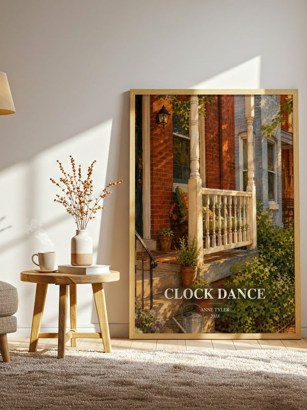 Clock Dance watercolour print in frame leaning in hallway – contemporary fiction wall art