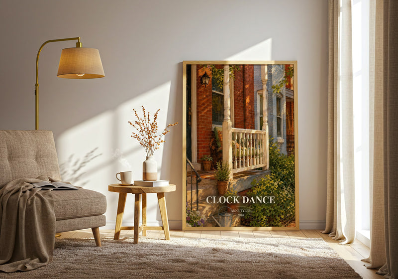 Clock Dance watercolour print in frame leaning in hallway – contemporary fiction wall art