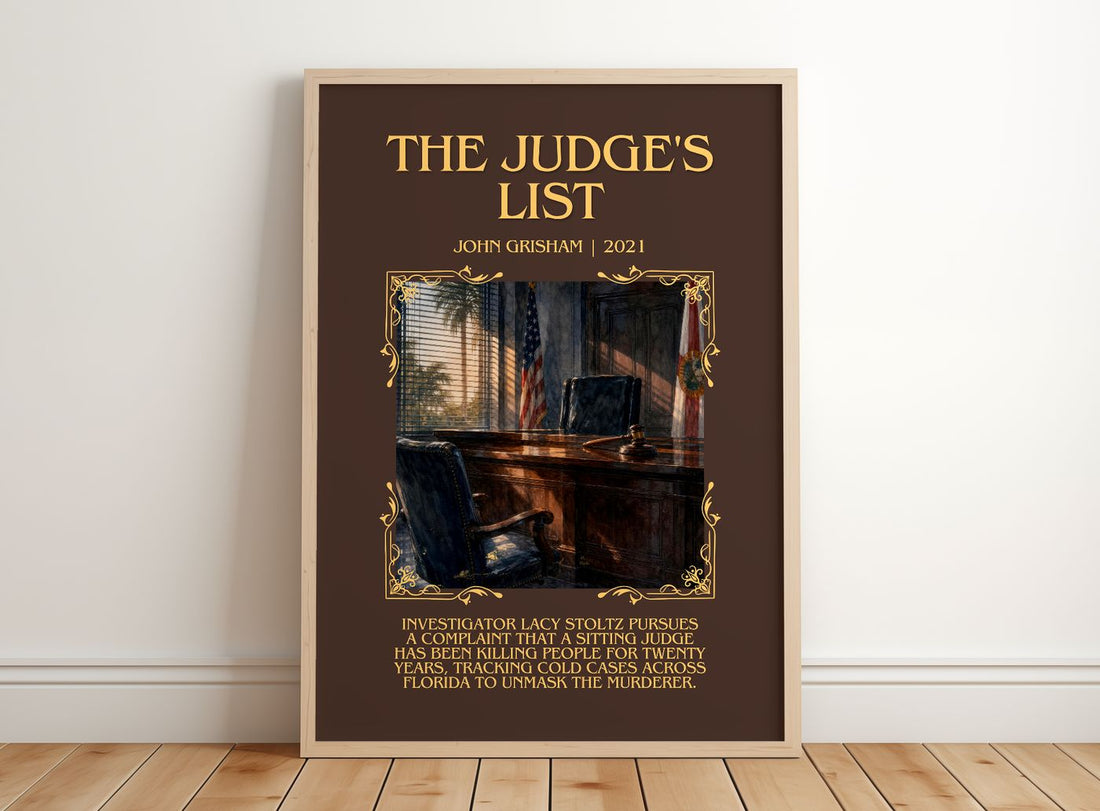 The Judge'S List Minimalist Book Poster by John Grisham – framed print leaning on a wooden floor