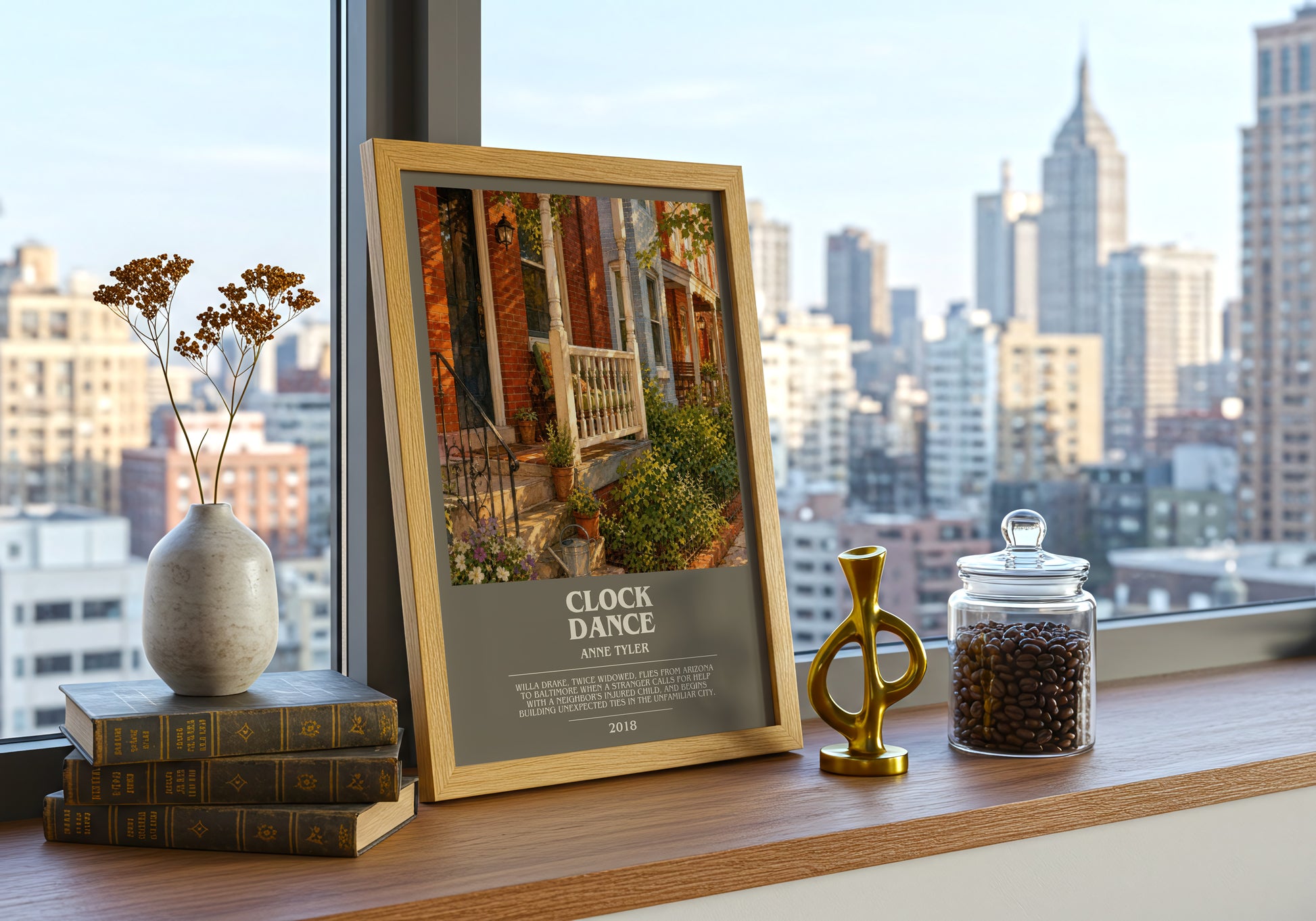 Clock Dance bookish print framed by window – literary home decor