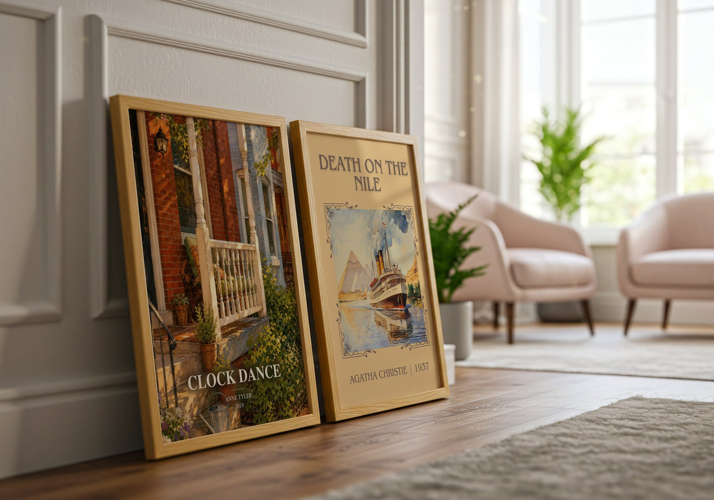 Clock Dance watercolour print framed by window – literary home decor