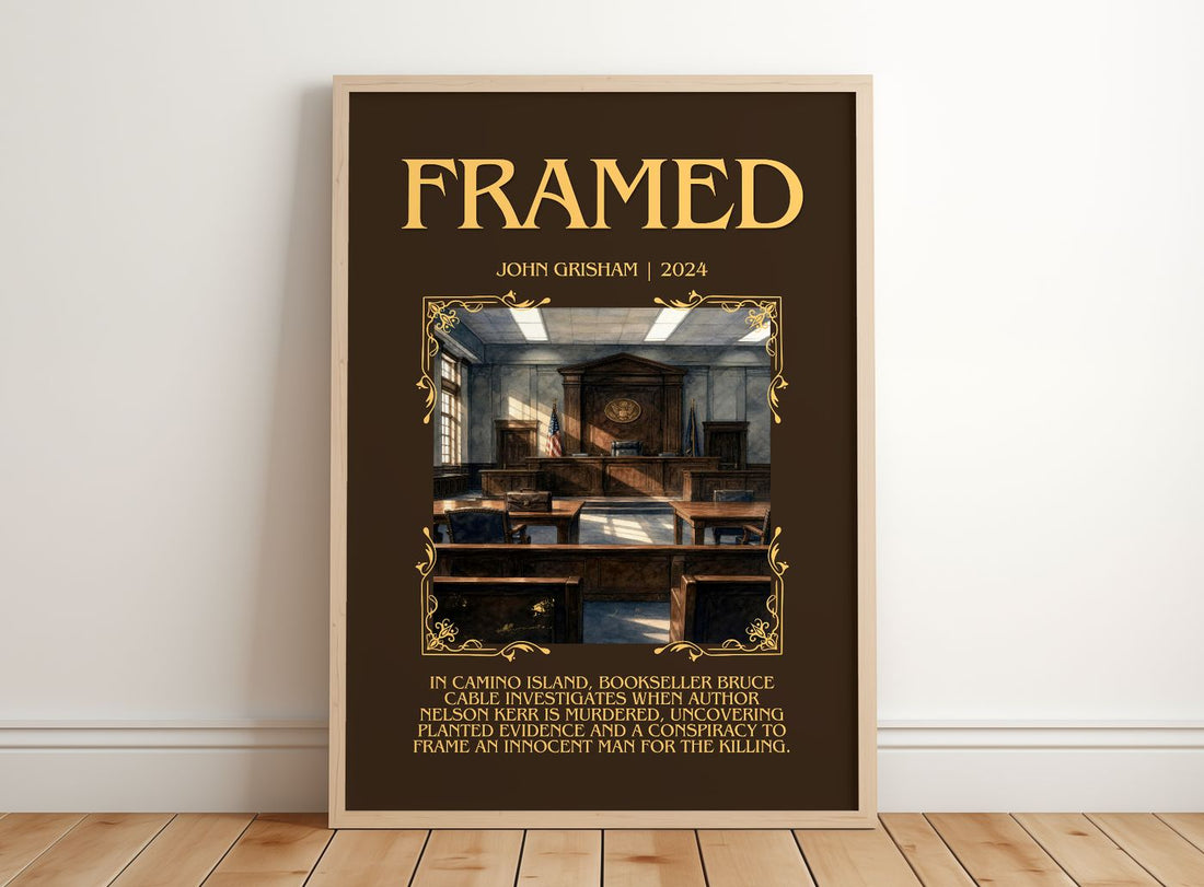 Framed Minimalist Book Poster by John Grisham – framed print leaning on a wooden floor