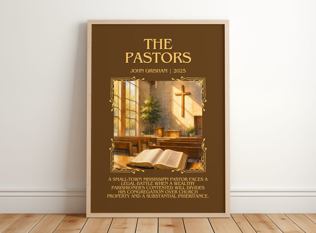 The Pastors Minimalist Book Poster by John Grisham – framed print leaning on a wooden floor