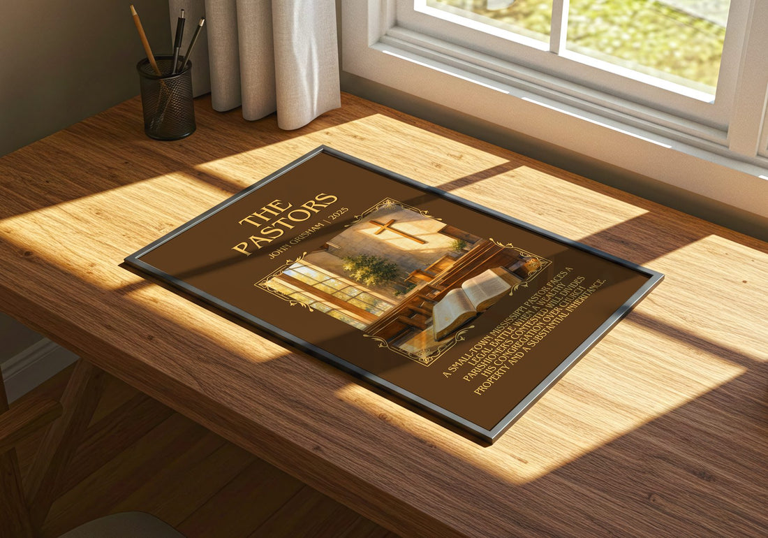 The Pastors Minimalist Book Poster by John Grisham – print on a sunlit desk