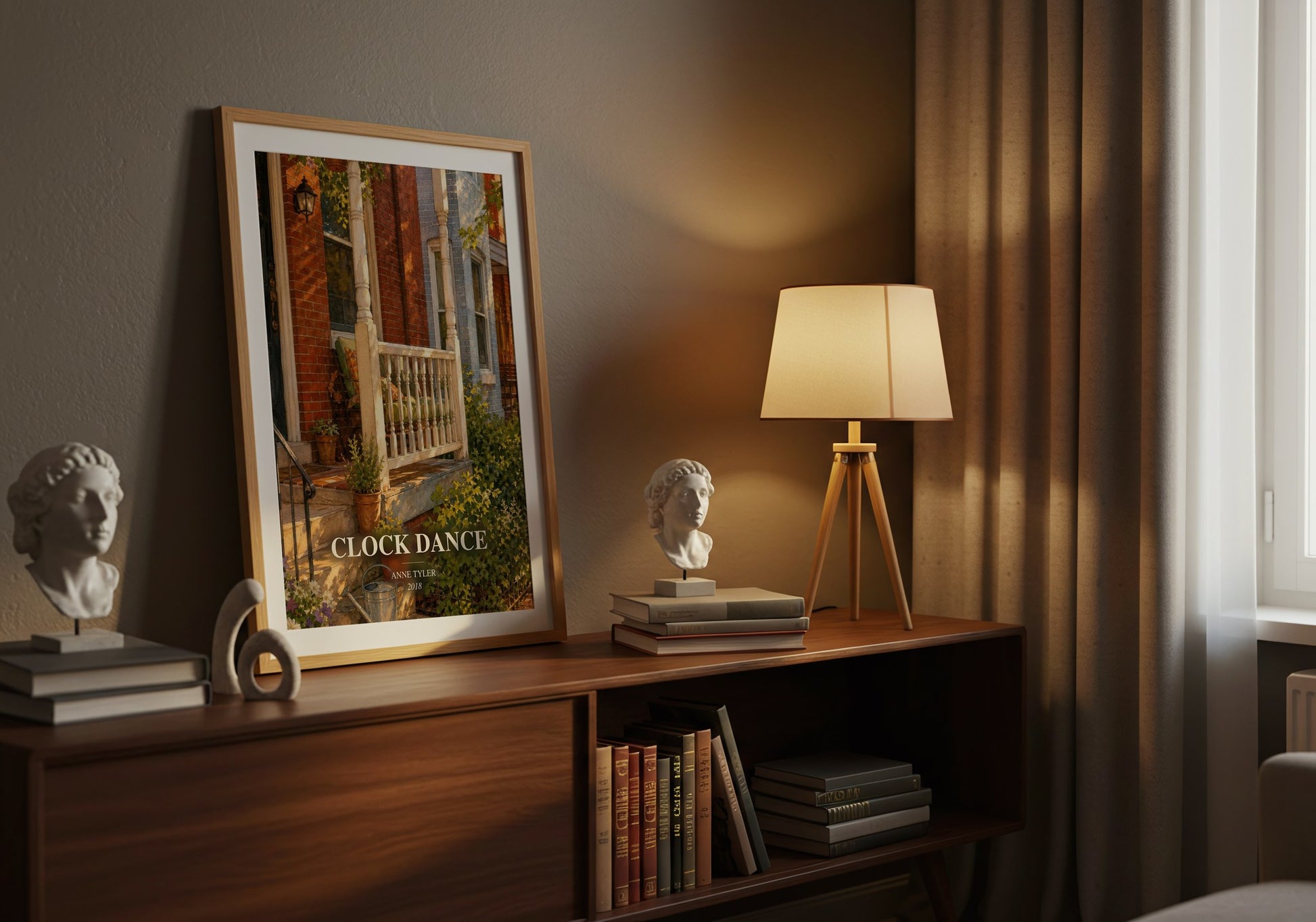 Clock Dance watercolour print on bookshelf – Anne Tyler fan gift