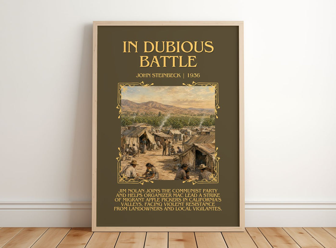 In Dubious Battle Minimalist Book Poster by John Steinbeck – framed print leaning on a wooden floor