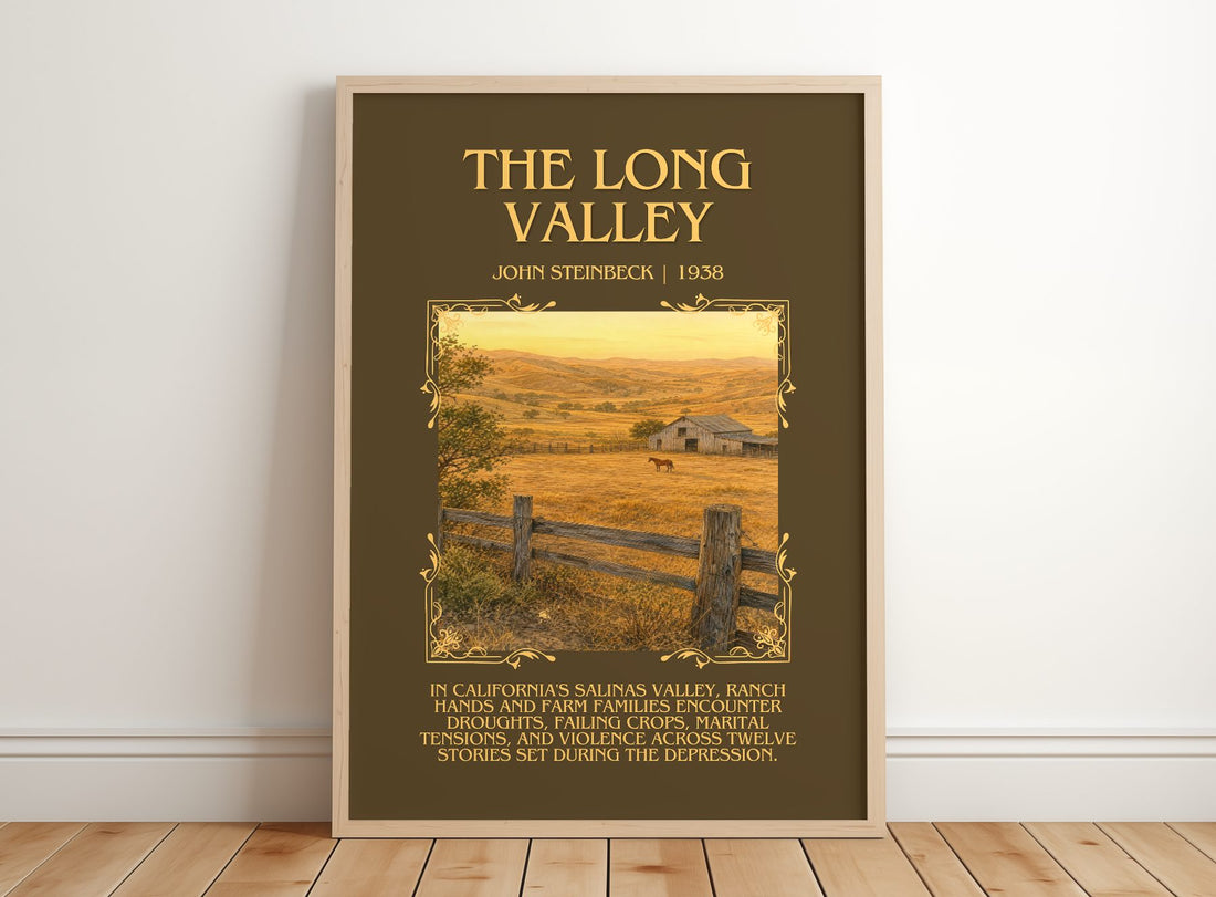 The Long Valley Minimalist Book Poster by John Steinbeck – framed print leaning on a wooden floor