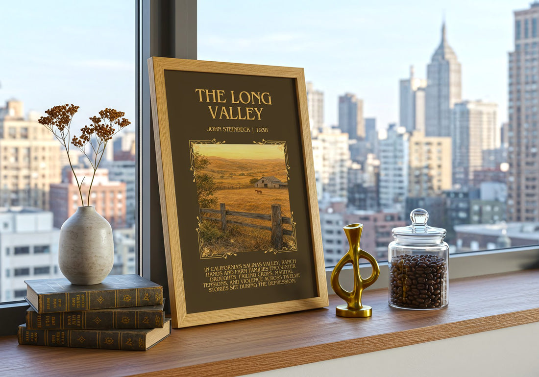 The Long Valley Minimalist Book Poster by John Steinbeck – framed print on a city-view windowsill