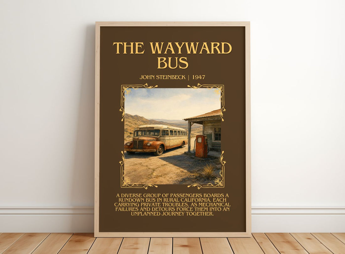 The Wayward Bus Minimalist Book Poster by John Steinbeck – framed print leaning on a wooden floor