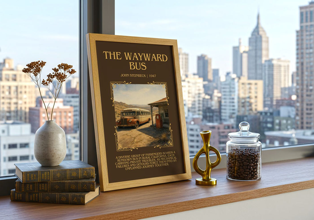 The Wayward Bus Minimalist Book Poster by John Steinbeck – framed print on a city-view windowsill