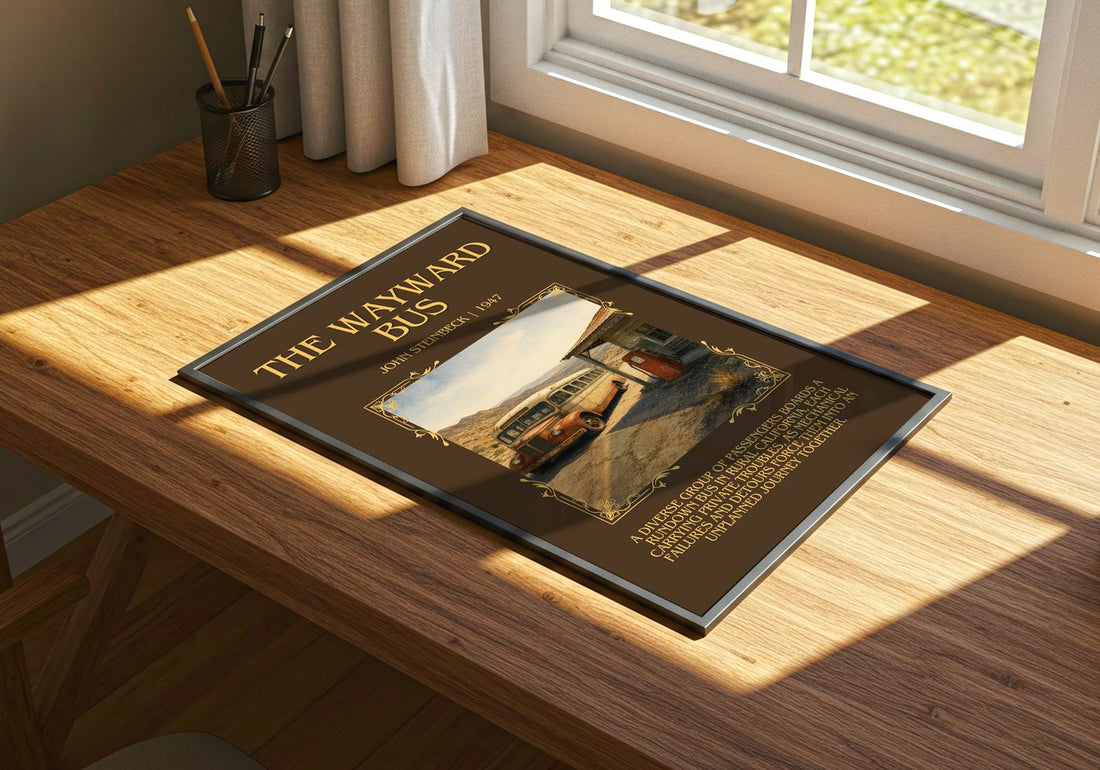 The Wayward Bus Minimalist Book Poster by John Steinbeck – print on a sunlit desk