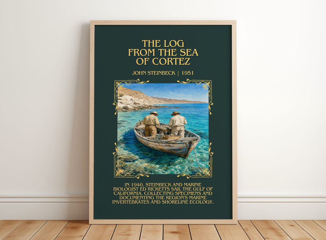 Log From The Sea Of Cortez Minimalist Book Poster by John Steinbeck – framed print leaning on a wooden floor