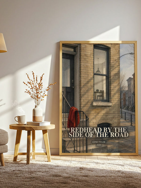 Redhead By The Side Of The Road watercolour print in frame leaning in hallway – contemporary fiction wall art