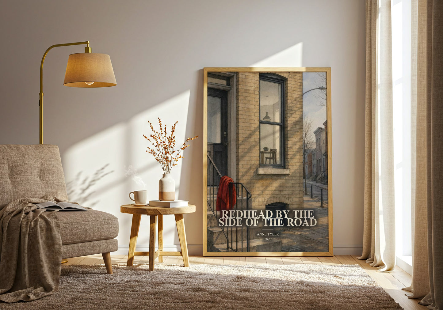 Redhead By The Side Of The Road watercolour print in frame leaning in hallway – contemporary fiction wall art