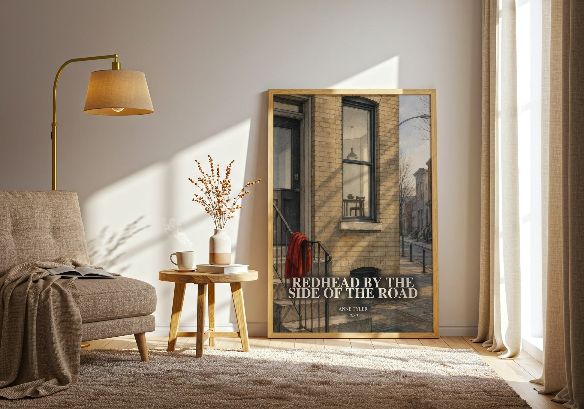 Redhead By The Side Of The Road watercolour print in frame leaning in hallway – contemporary fiction wall art