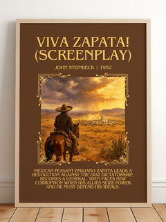 Viva Zapata! (Screenplay) Minimalist Book Poster by John Steinbeck – framed print leaning on a wooden floor