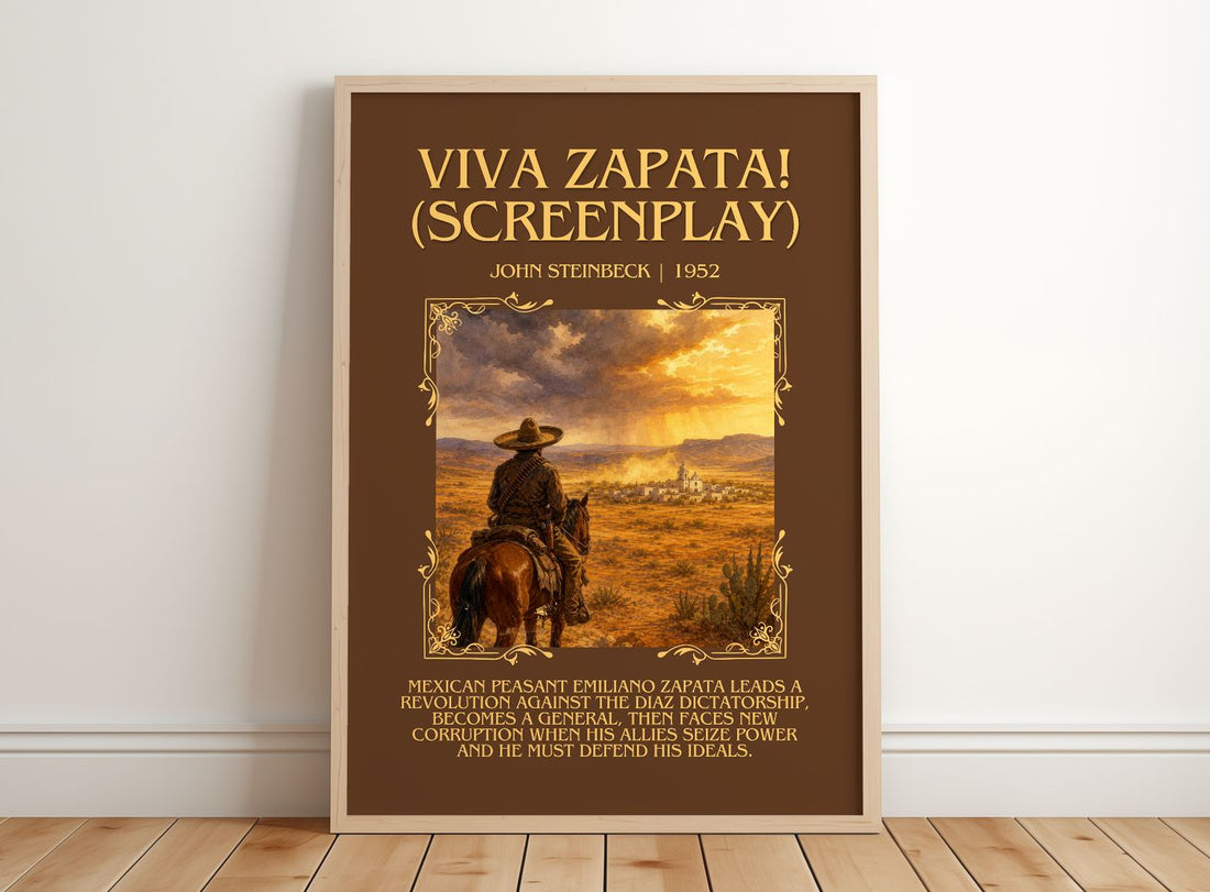 Viva Zapata! (Screenplay) Minimalist Book Poster by John Steinbeck – framed print leaning on a wooden floor
