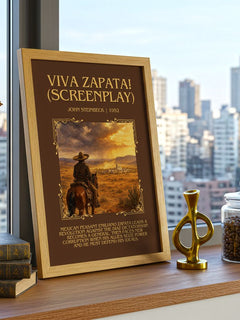 Viva Zapata! (Screenplay) Minimalist Book Poster by John Steinbeck – framed print on a city-view windowsill