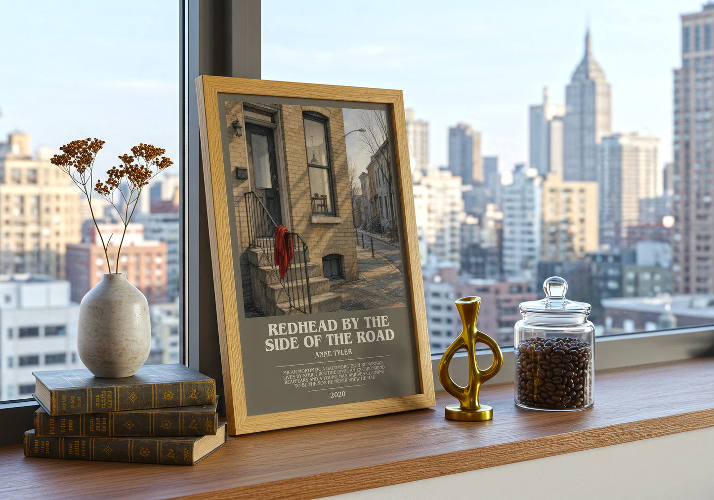 Redhead By The Side Of The Road bookish print framed by window – literary home decor