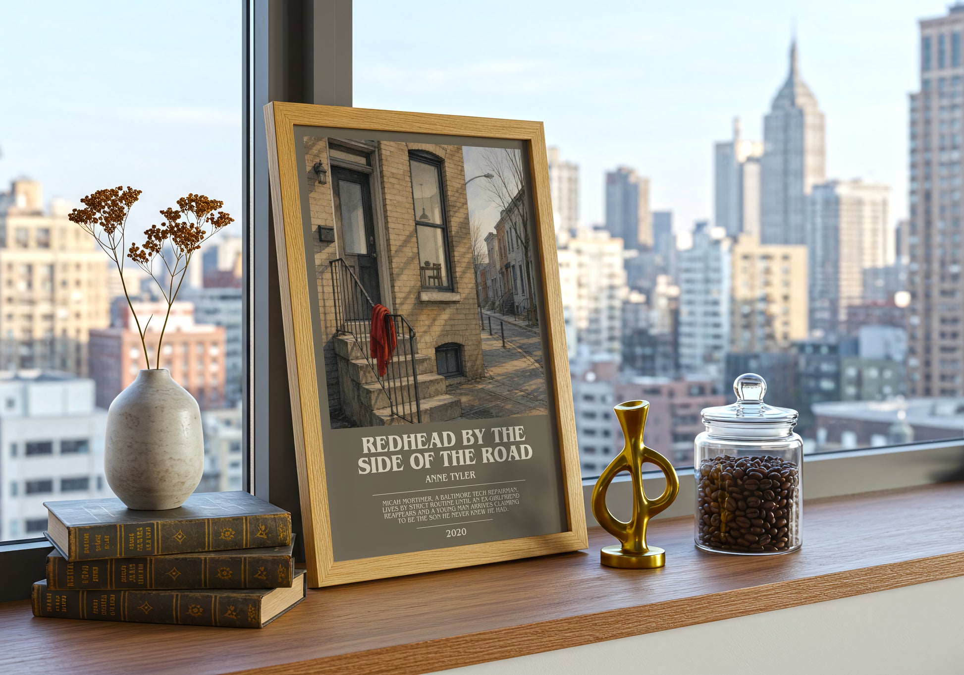 Redhead By The Side Of The Road bookish print framed by window – literary home decor