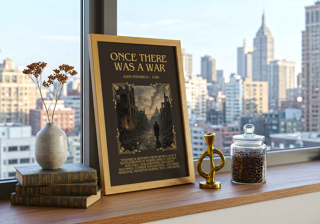 Once There Was A War Minimalist Book Poster by John Steinbeck – framed print on a city-view windowsill