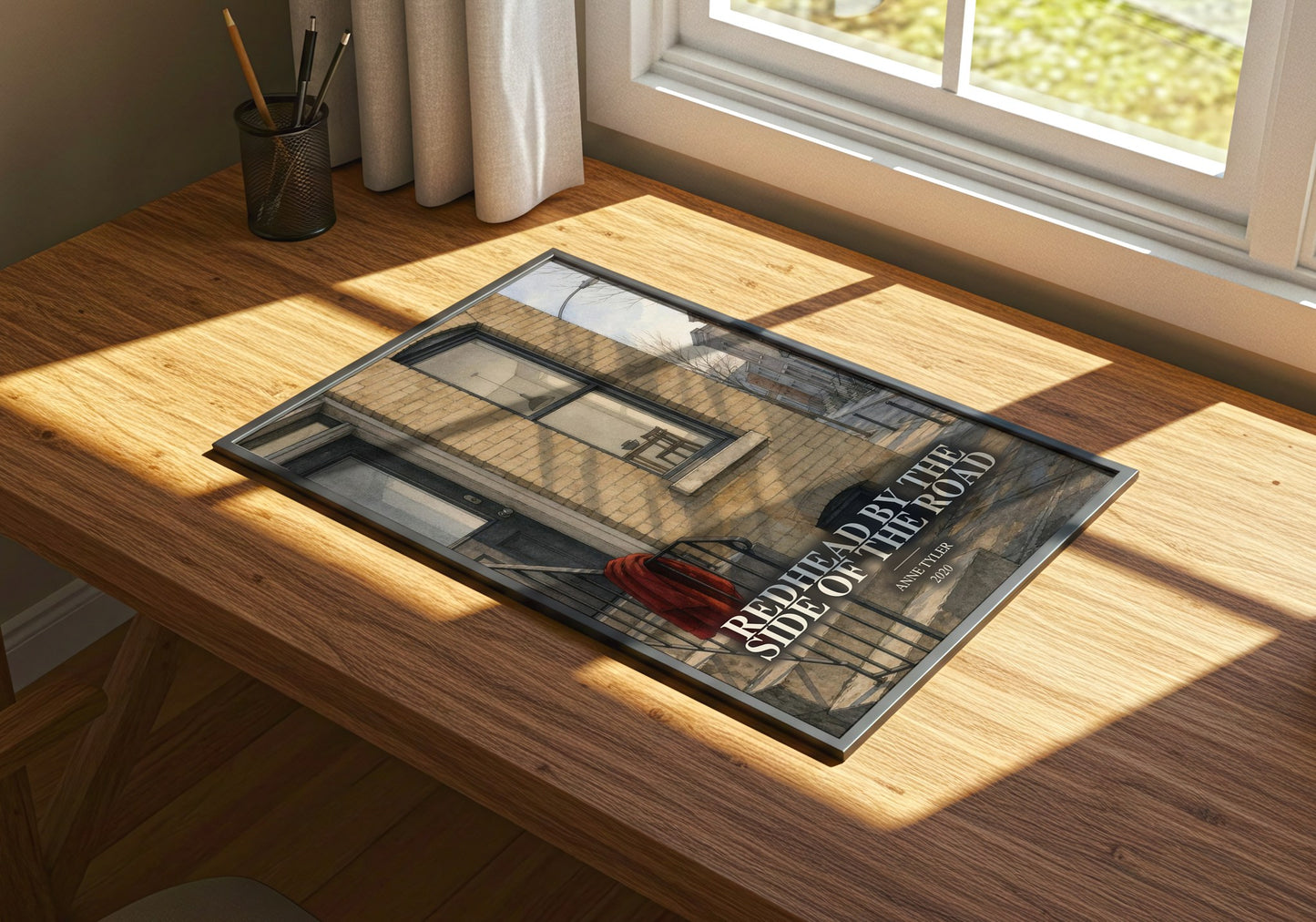Redhead By The Side Of The Road watercolour book poster framed on wall – contemporary fiction wall art