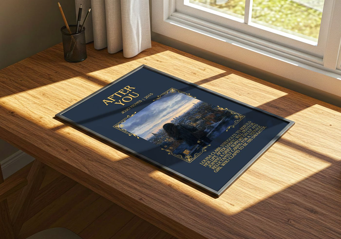 After You Minimalist Book Poster by Jojo Moyes – print on a sunlit desk